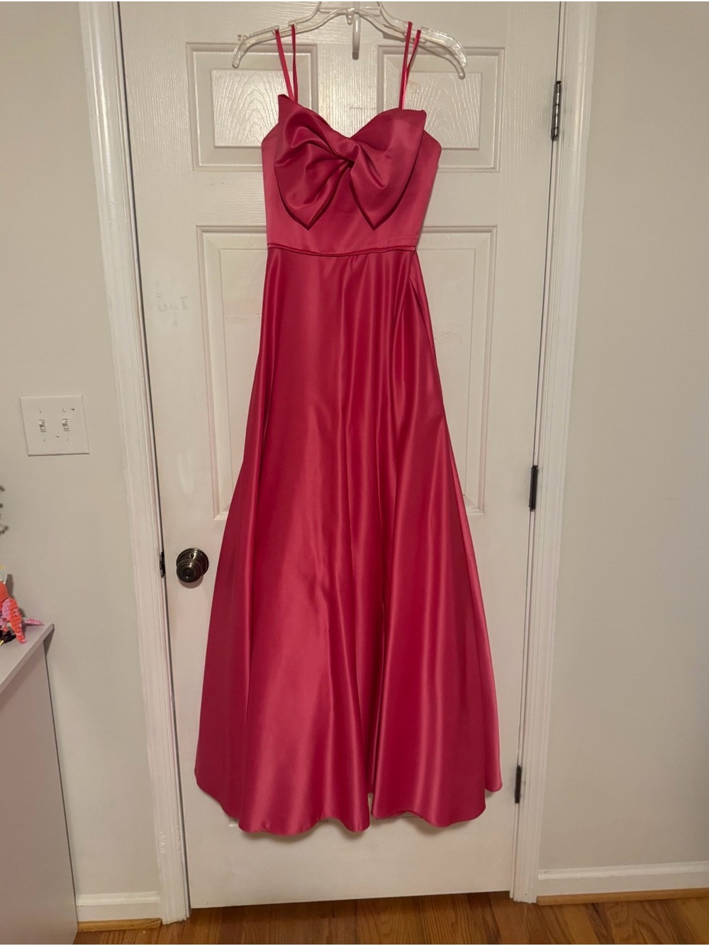 Mac Duggal Girls' Pink Satin Bow-Front Spaghetti Strap Gown